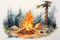 Camping bonfire in pine forest watercolor painting. Generative AI of outdoor activity