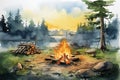 Camping bonfire in pine forest watercolor painting. Generative AI of outdoor activity