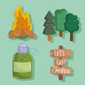 camping bonfire water bottle forest trees in cartoon style icons set Royalty Free Stock Photo