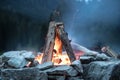 Camping bonfire with yellow and red flames in summer, forest. Copy space