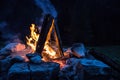 Camping bonfire with yellow and red flames in summer, forest. Copy space