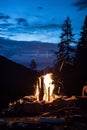 Camping bonfire with yellow and red flames in summer, forest. Copy space