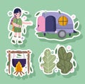camping, boy with bag, camper forest and food in cartoon sticker style