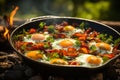 Camping breakfast with bacon and eggs in a cast iron skillet. Food at the camp.