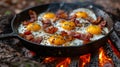 Camping breakfast with bacon and eggs in a cast iron skillet. Royalty Free Stock Photo