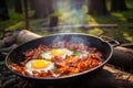 Camping breakfast with bacon and eggs in a cast iron skillet. Fried eggs with bacon in a pan in the forest Royalty Free Stock Photo