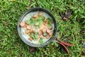 Camping breakfast with fried eggs in a pan with sausage sliced and vegetables on grass background. Top view