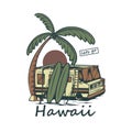 camping bus illustration with hawaii text