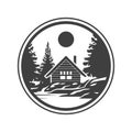 Camping cabin wood hut at forest mountain river nature leisure circle vintage logo design vector