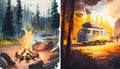 Camping with campervan in wilderness watercolor