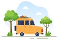 Camping Car Background Illustration with Tent, Camper Car and Equipment for People on Adventure Tours or Holidays in the Forest