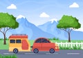 Camping Car Background Illustration with Tent, Camper Car and Equipment for People on Adventure Tours or Holidays in the Forest