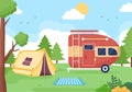 Camping Car Background Illustration with Tent, Camper Car and Equipment for People on Adventure Tours or Holidays in the Forest