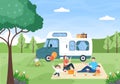 Camping Car Background Illustration with Tent, Camper Car and Equipment for People on Adventure Tours or Holidays in the Forest