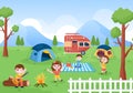 Camping Car Background Illustration with Tent, Camper Car and Equipment for People on Adventure Tours or Holidays in the Forest