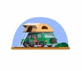 Camping in car rooftop tent. adventure trip in outdoor illustration concept in flat cartoon vector