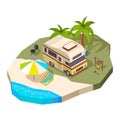Camping car at the sea. Vector isometric composition