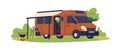 Camping car, travel van. RV, motorhome with tent. Recreational camper vehicle with shelter in nature on summer holiday