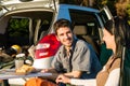 Camping car young couple enjoy picnic countryside Royalty Free Stock Photo