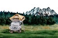 Camping card design template with 4x4 off road car, roof top tent and ladder. Mountains backdrop. For tourist or travel prints, Royalty Free Stock Photo