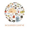 Camping card template. Bubble shape. Summer camp. Hiking icons colored sketch style set. Central round circle badge Royalty Free Stock Photo