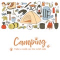Camping card template. Take a walk on the wild side. Hiking icons colored sketch style set. vector collection. frame on Royalty Free Stock Photo