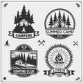 Camping club emblems, badges and design elements. Retro set of forest camping, outdoor adventure and wanderlust. Royalty Free Stock Photo