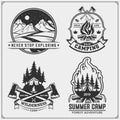 Camping club emblems, badges and design elements. Retro set of mountain tourism, forest camping, outdoor adventure and wanderlust. Royalty Free Stock Photo