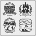 Camping club emblems, badges and design elements. Retro set of mountain tourism, forest camping, outdoor adventure and wanderlust. Royalty Free Stock Photo