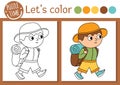 Camping coloring page for children. Funny hiking boy with backpack. Vector nature outline illustration with cute trekking kid.