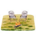 Camping composition of two folding chairs, campfire on grassy background. For tourist or travel prints, cards, fliers, designs. Royalty Free Stock Photo