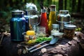 camping cookware set, food supplies, and water bottles Royalty Free Stock Photo