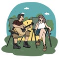 Boyfriend playing guitar for girlfriend during camping cartoon illustration minimal style.