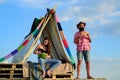 Camping couple in love. Breakfast with lovers on nature. Couples of lovers tourists relax on nature. Camping trip with Royalty Free Stock Photo