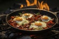 Camping cuisine: chicken egg with a bright yolk on a cast-iron pan in a campfire close-up, camping breakfast bacon egg, tourist Royalty Free Stock Photo