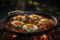 Camping cuisine: chicken egg with a bright yolk on a cast-iron pan in a campfire close-up, camping breakfast bacon egg, tourist Royalty Free Stock Photo