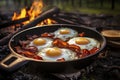 Camping cuisine: chicken egg with a bright yolk on a cast-iron pan in a campfire close-up, camping breakfast bacon egg, tourist Royalty Free Stock Photo