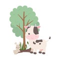 Camping cute cow and rabbit tree forest nature cartoon