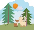 Camping cute deer goat and rabbit pine trees meadow sun cartoon