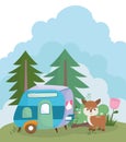 Camping cute deer trailer flowers trees nature cartoon