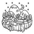 Camping in the cute mountain line illustration