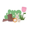 Camping cute rabbit with compass boot flower bush nature cartoon