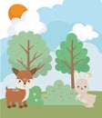 Camping cute rabbit and deer pine trees grass sun clouds cartoon