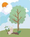 Camping cute rabbit trunk tree foliage sun cloud cartoon