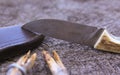 Camping damascus blade knife, sheath and sticks on wood log Royalty Free Stock Photo