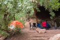 Camping in the desert amidst sandstone rock