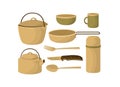 Camping dishes. The camping utensils, kettle, pot, frying pan, bowl, mug, thermos, fork, spoon, knife. Vector Royalty Free Stock Photo