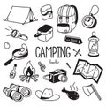 Camping doodle. Hand drawing styles camping items.