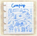 Camping doodle on paper note, vector illustration