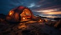 Camping at dusk, tranquil tent by the coastline, nature beauty generated by AI